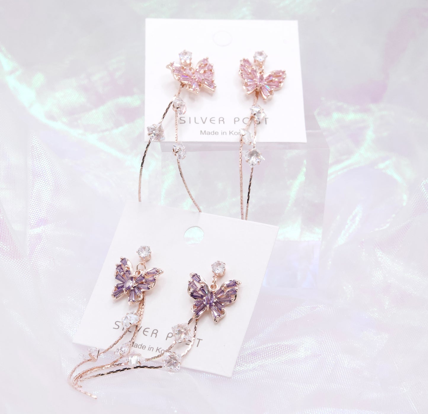 Crustal Butterfly Pink Purple Elegant Dangle Korean Earrings - 2 colors