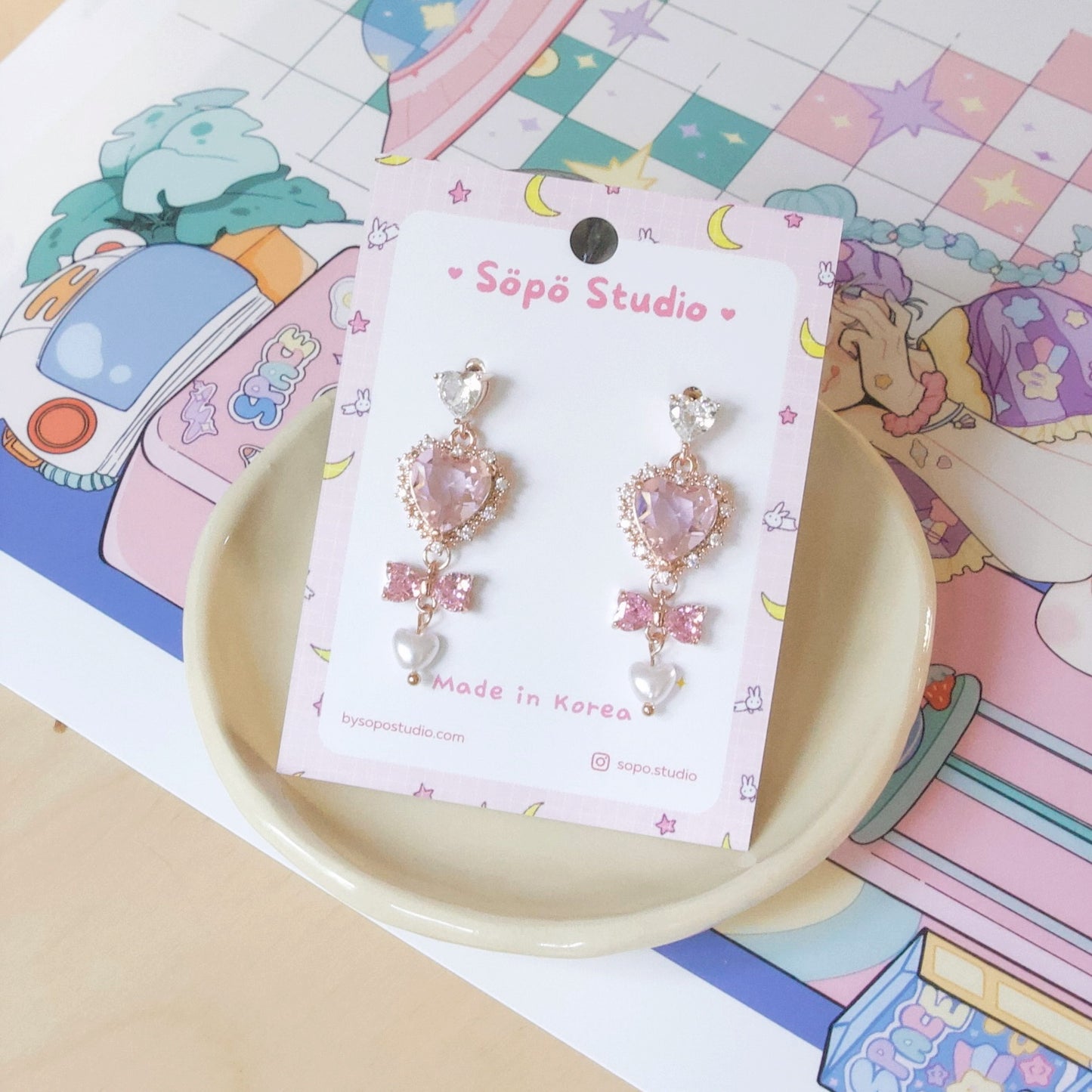 Princess Heart Pearl Drop Dangle Korean Earrings