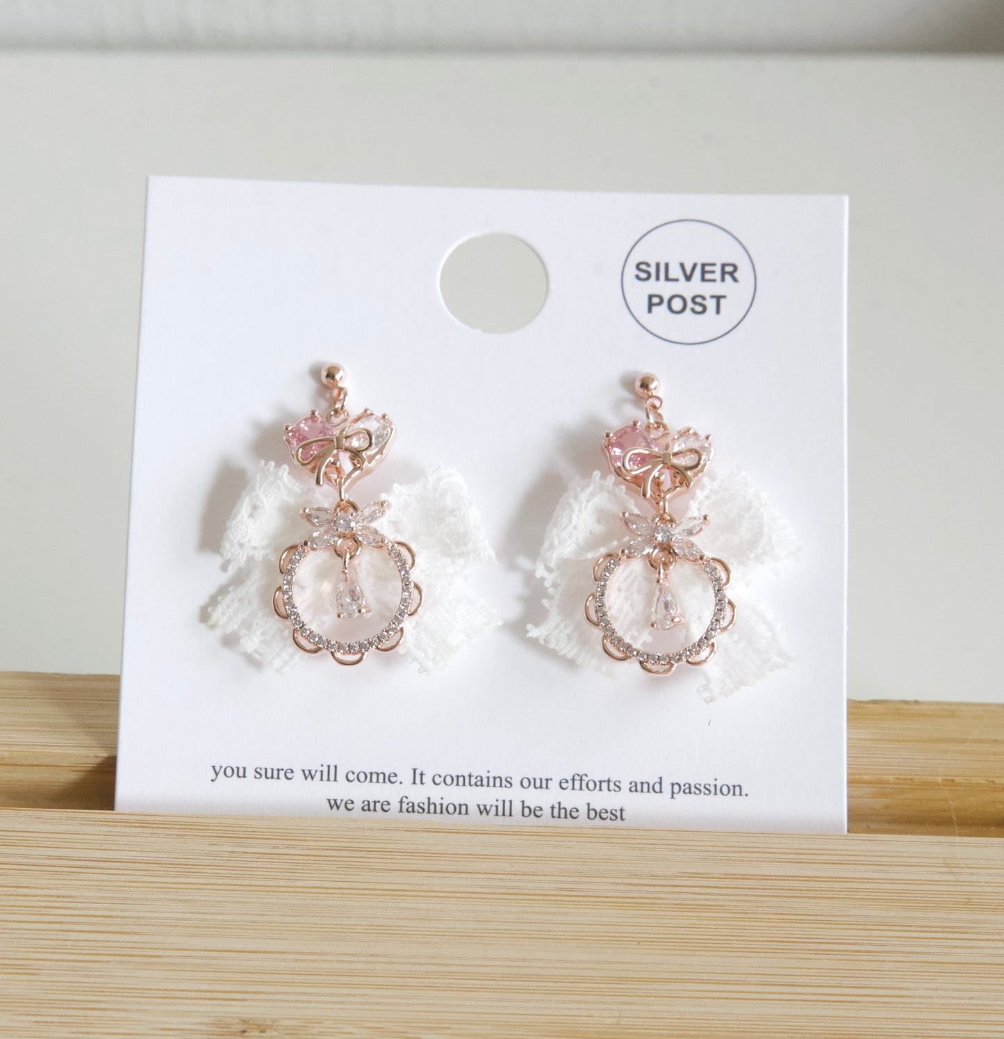 Cute Pink Heart Laced Ribbon Dangle Korean Earrings