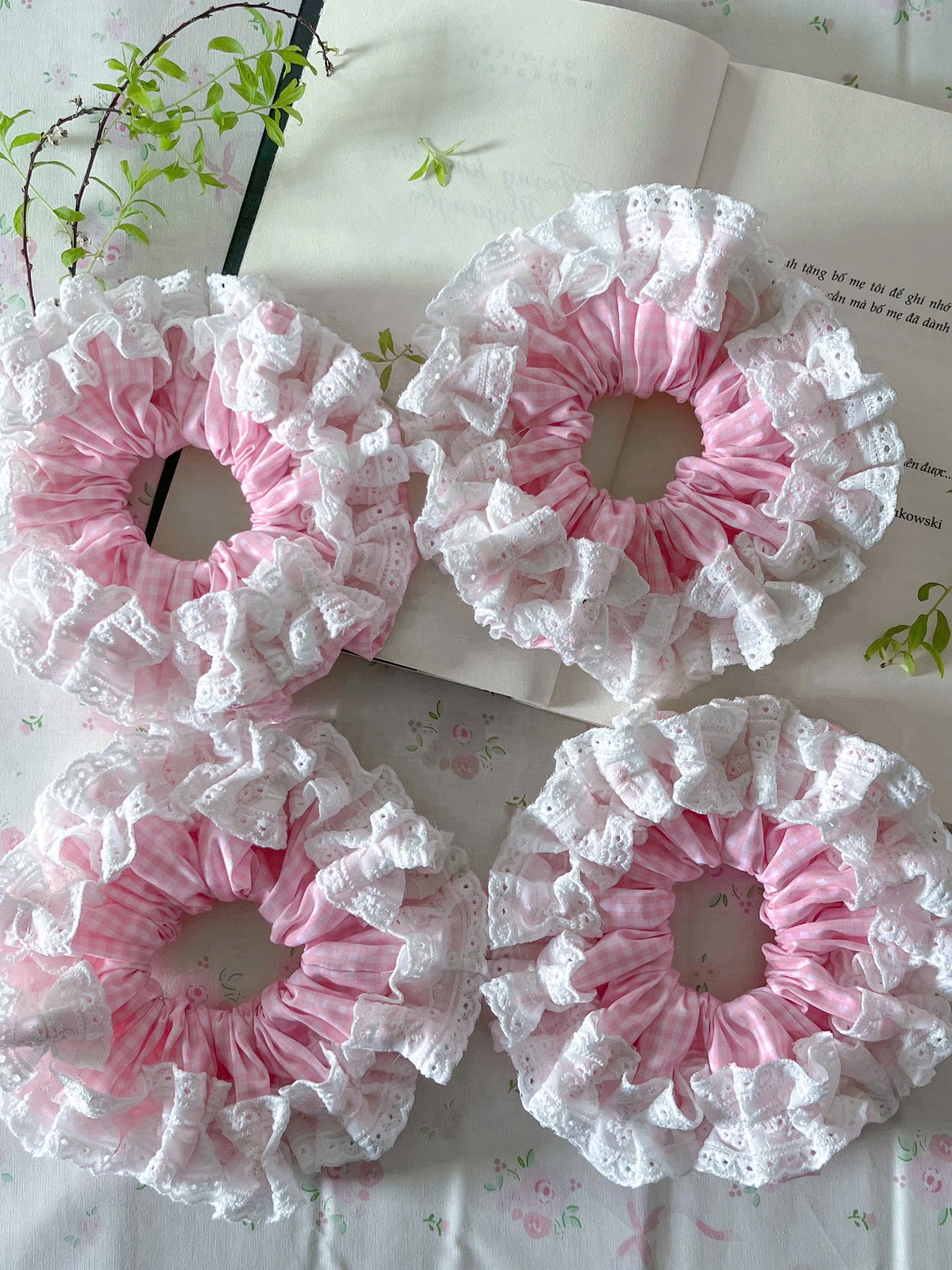 Dreamy Pink Summer Cotton Lace Scrunchie