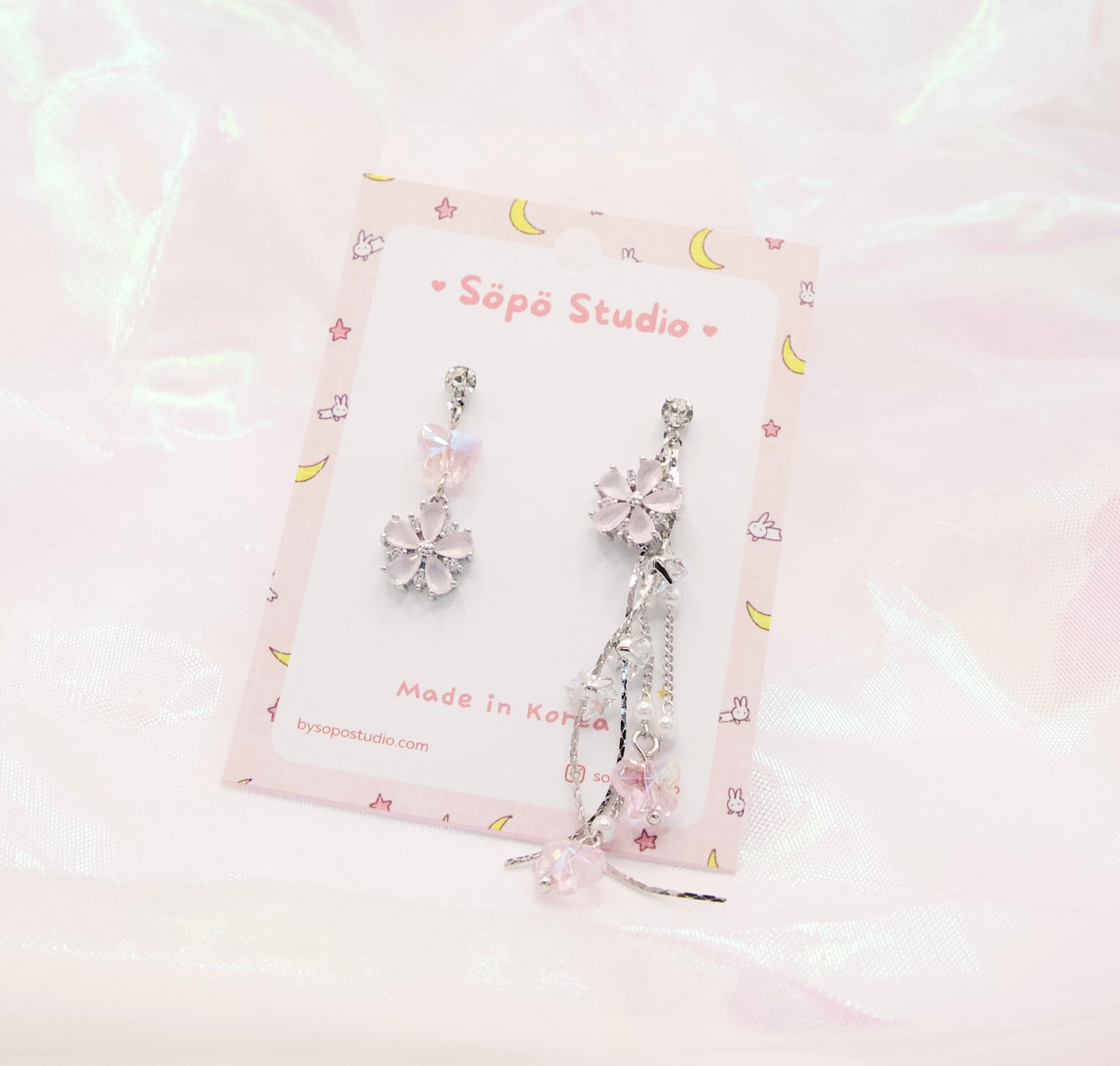 Mis-matched Floral Pink Princess Dangle Korean Earrings