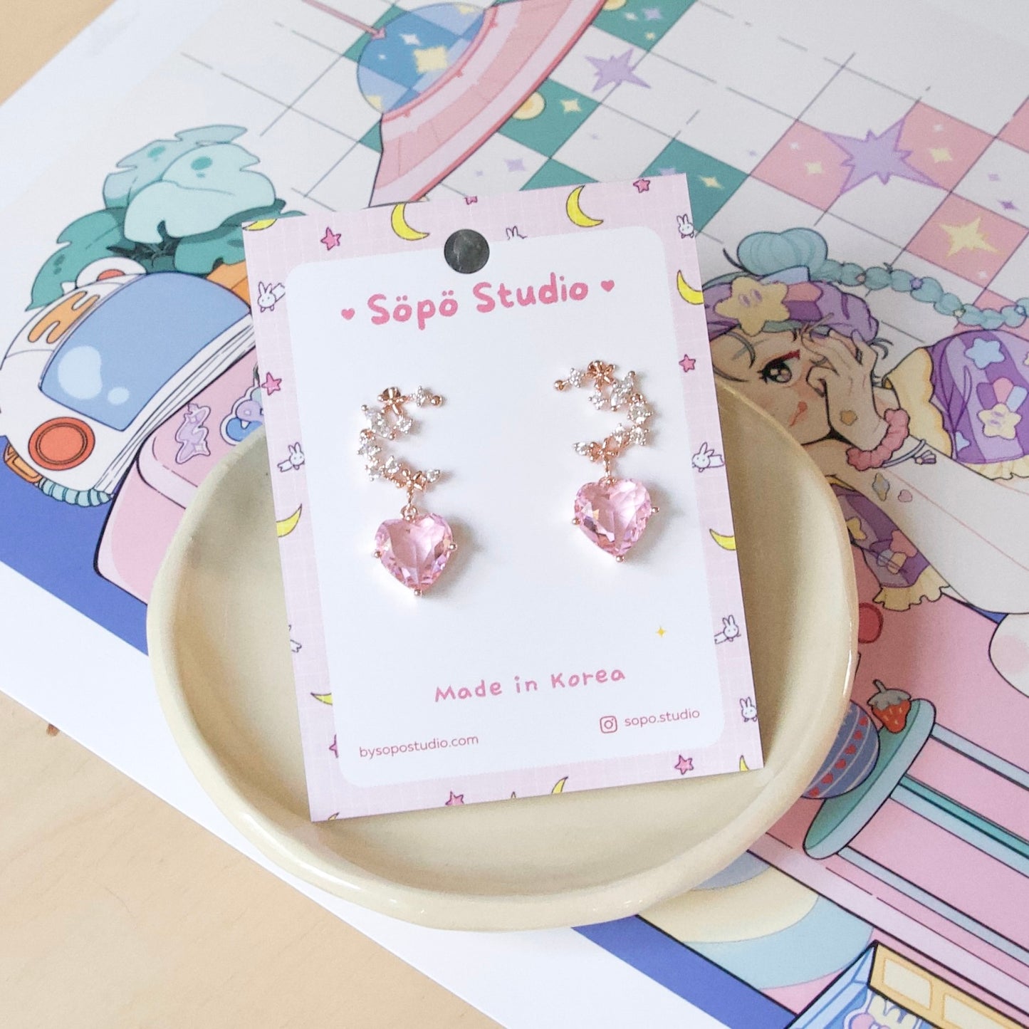 Moon Pink Heart Drop Korean Earrings