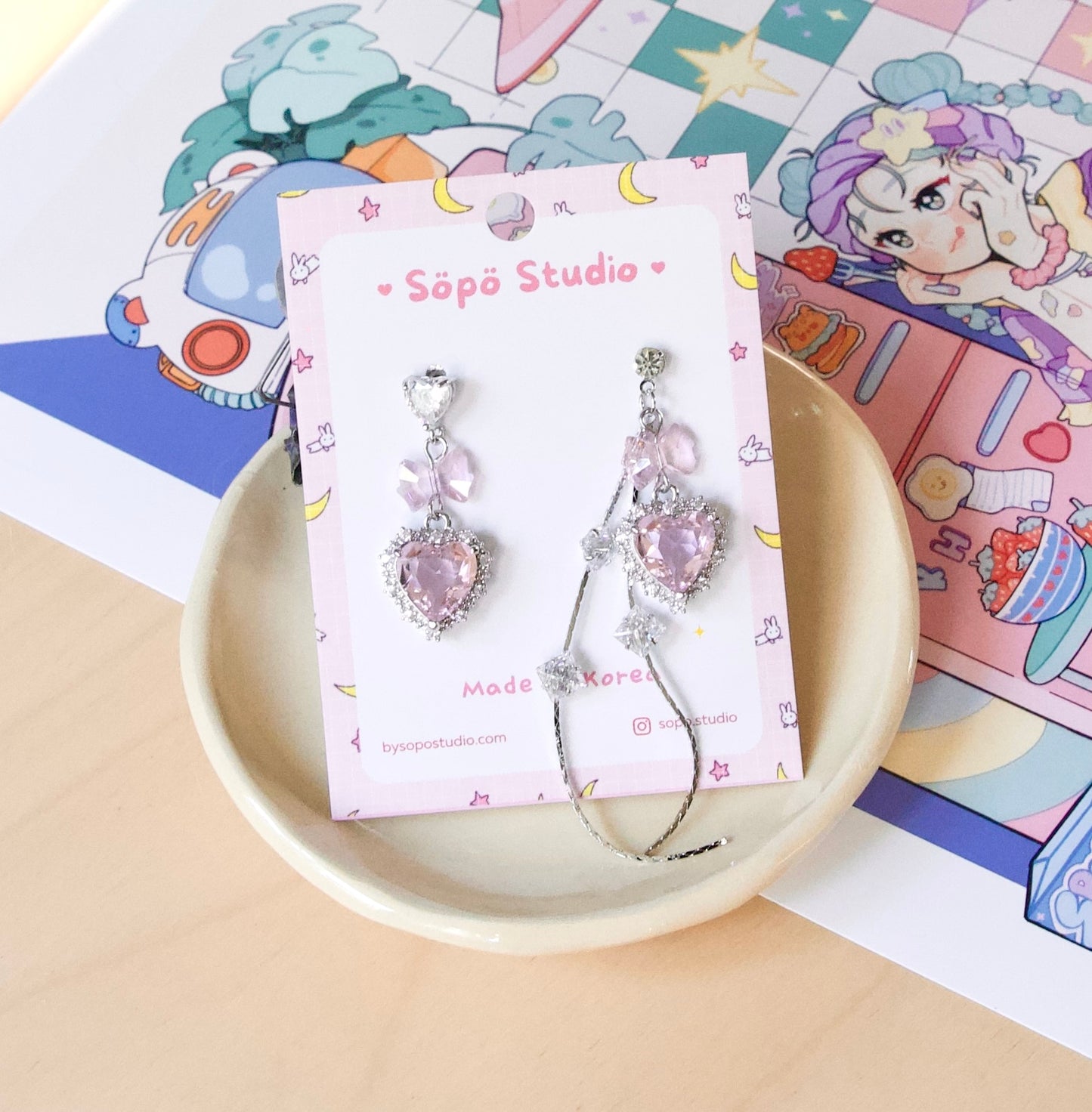 Mis-matched Heart Pink Princess Dangle Korean Earrings