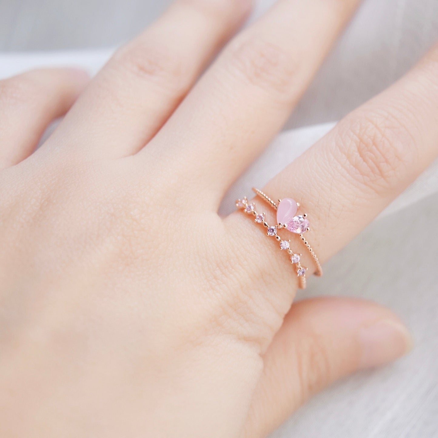 Pink Crystal Heart Layered Adjustable Cute Rings