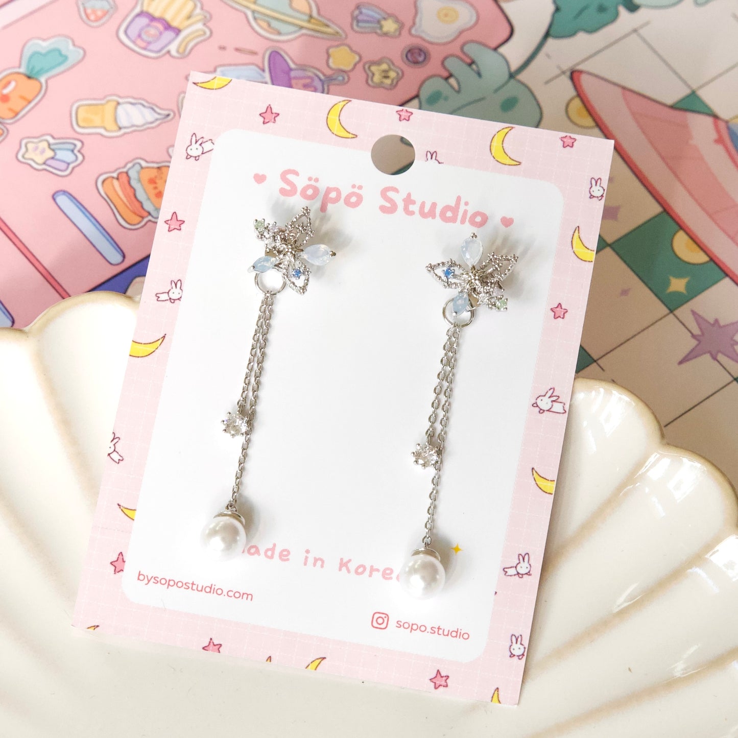Flower Pastel Blue Pearl Drop Elegant Studs Korean Earrings