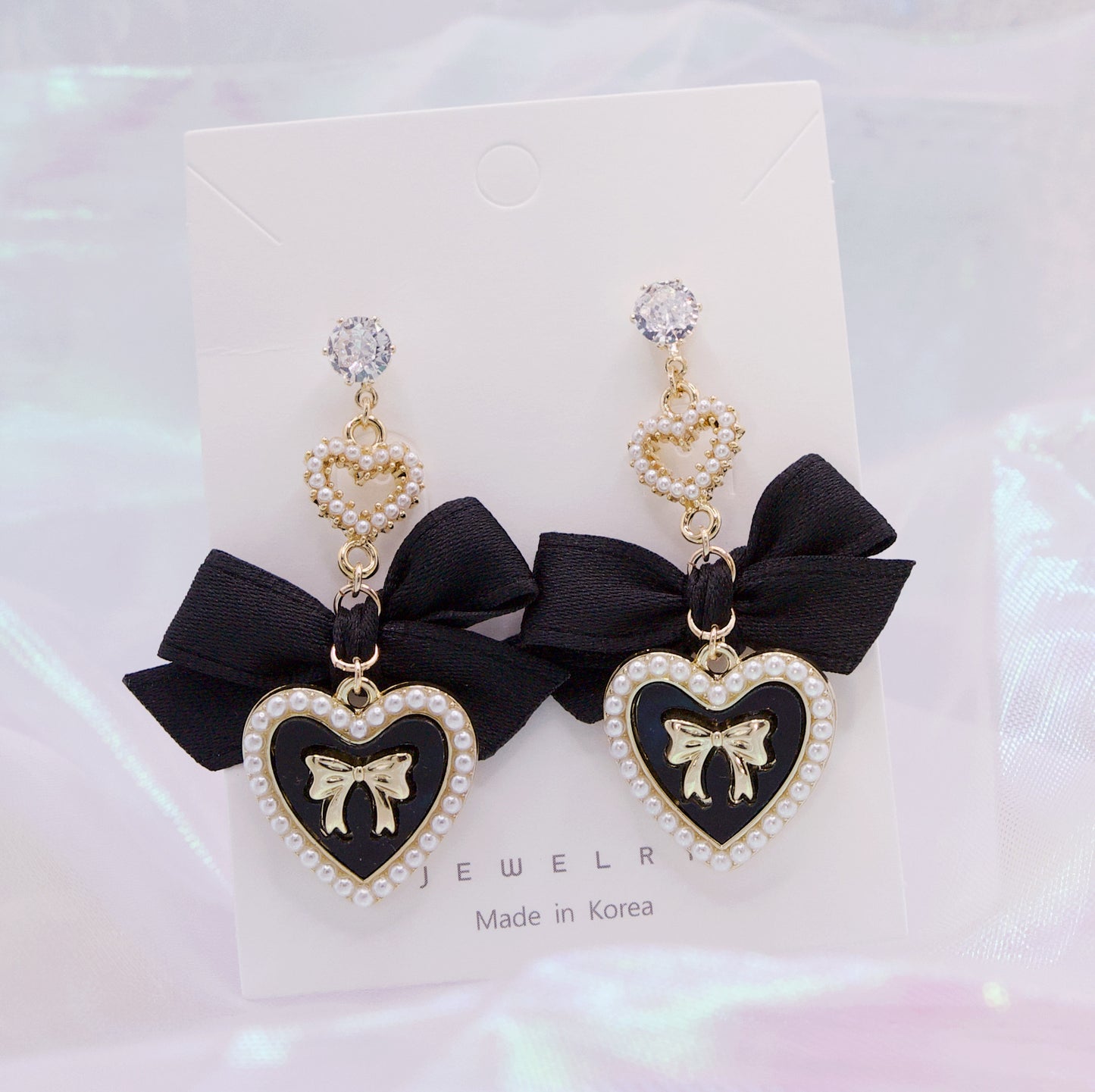 Korean Faux Black Bow Pearl Heart Drop Goth Lolita Earrings