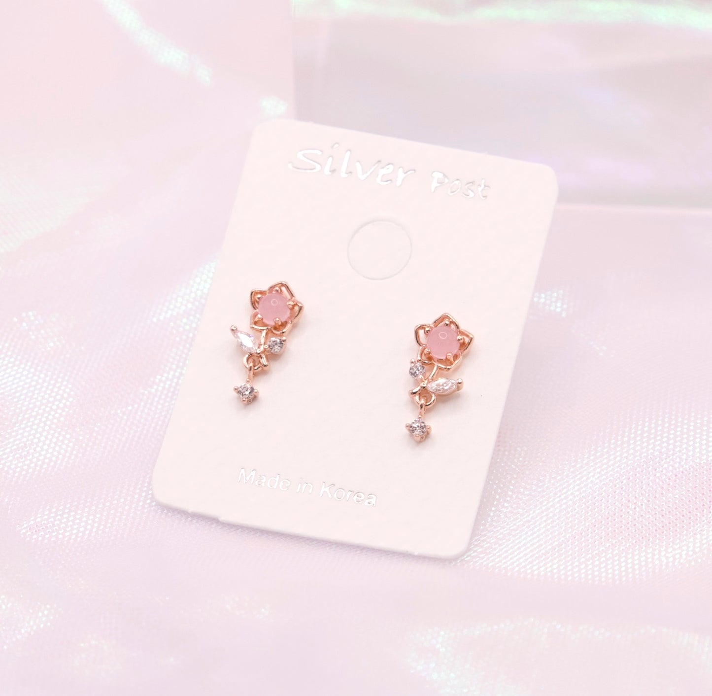 Korean Petit Pink Flower Drop Studs Earrings