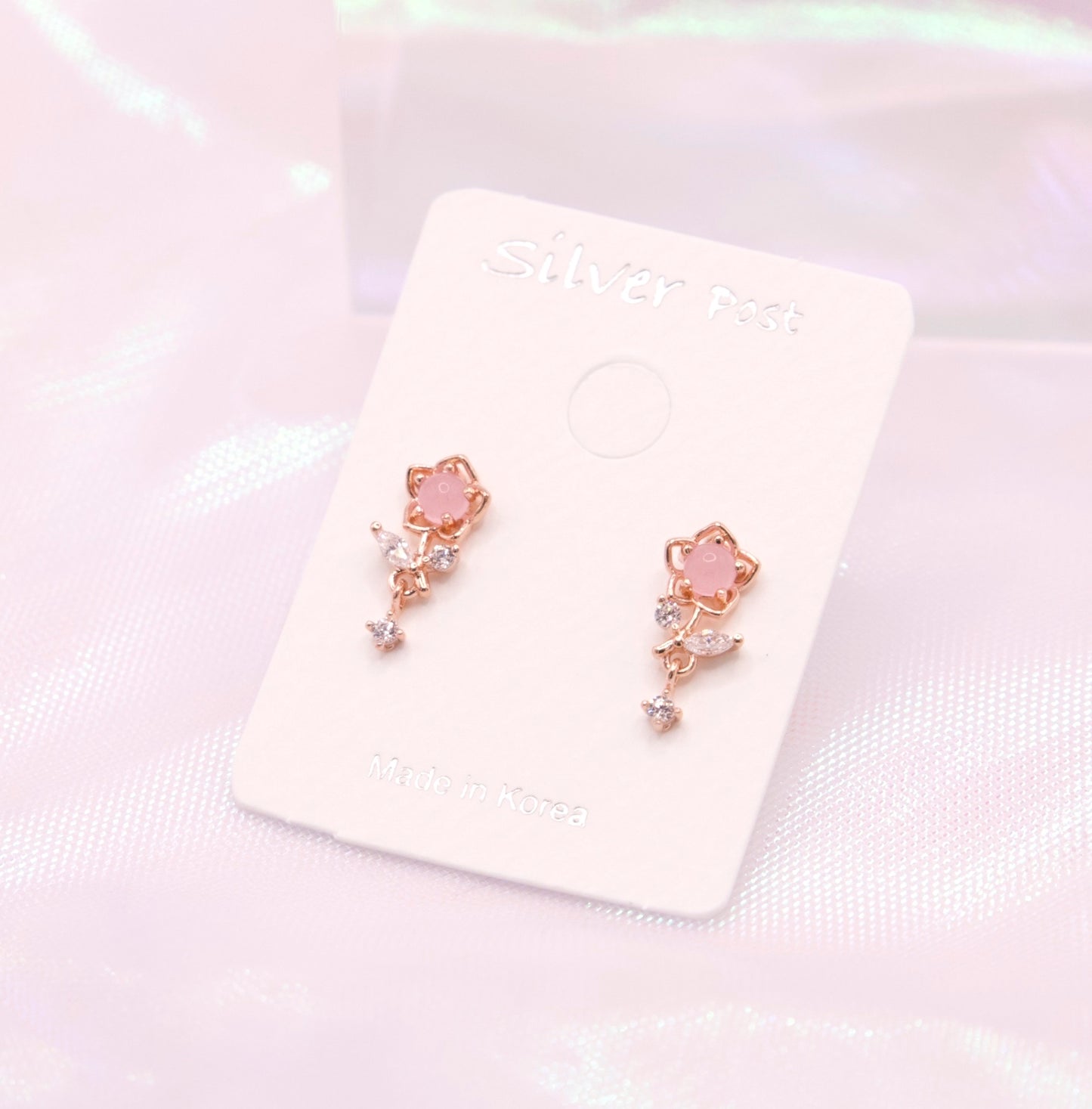 Korean Petit Pink Flower Drop Studs Earrings