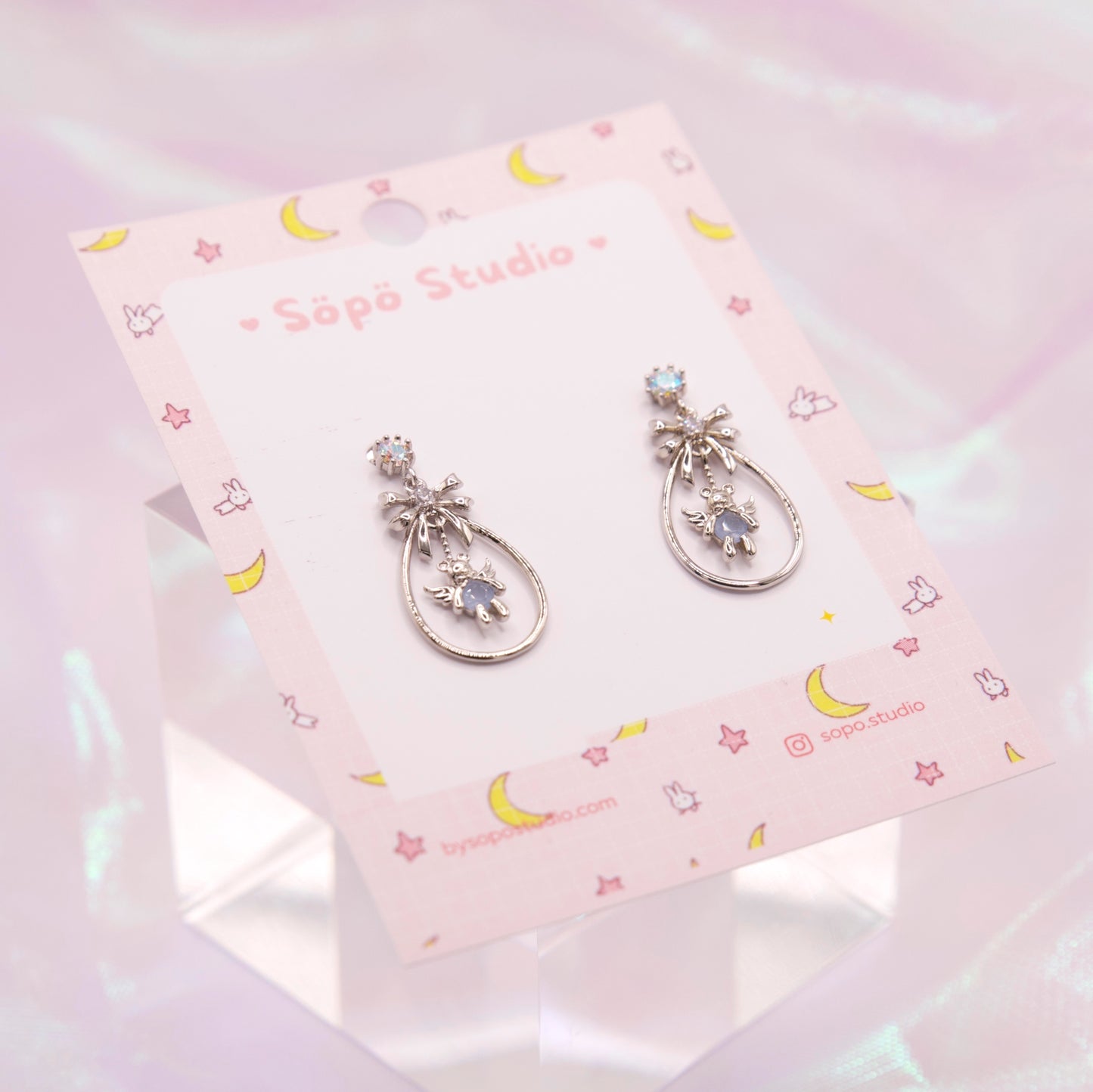 Korean Cute Ribbon Angel Pink Pastel Bear Dangle Earrings
