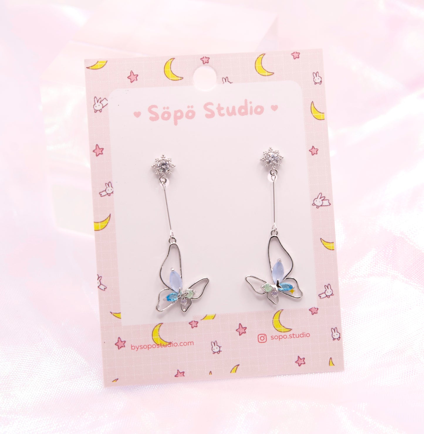 Korean Blue Pastel Crystal Butterfly Dangle Earrings