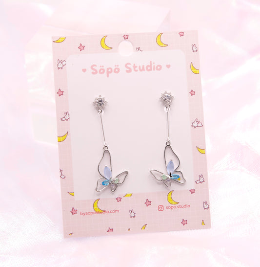 Korean Blue Pastel Crystal Butterfly Dangle Earrings