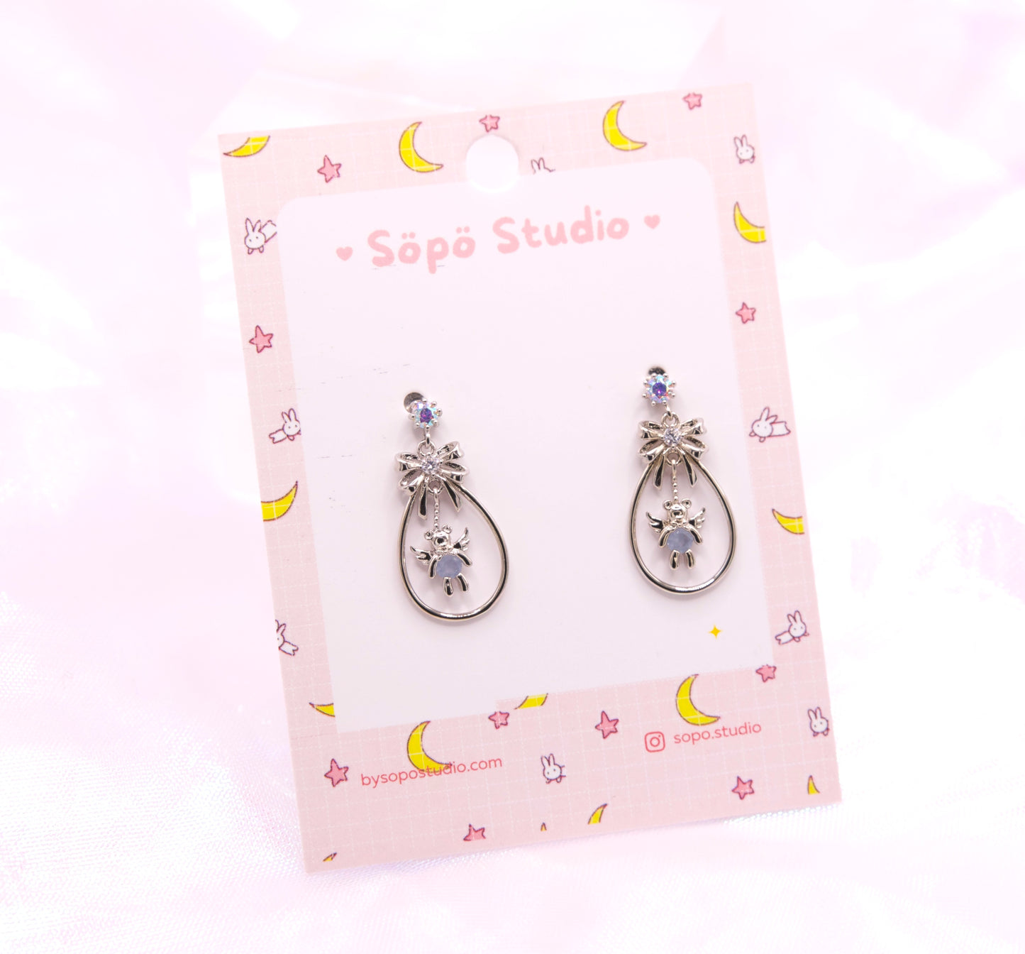 Korean Cute Ribbon Angel Pink Pastel Bear Dangle Earrings