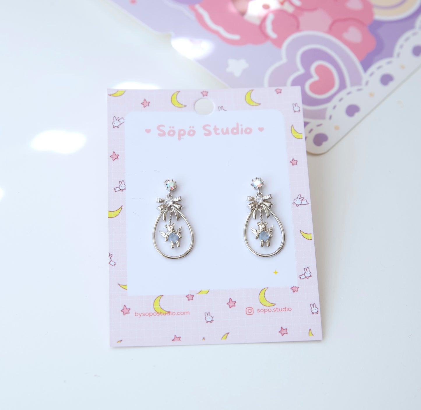 Korean Cute Ribbon Angel Pink Pastel Bear Dangle Earrings