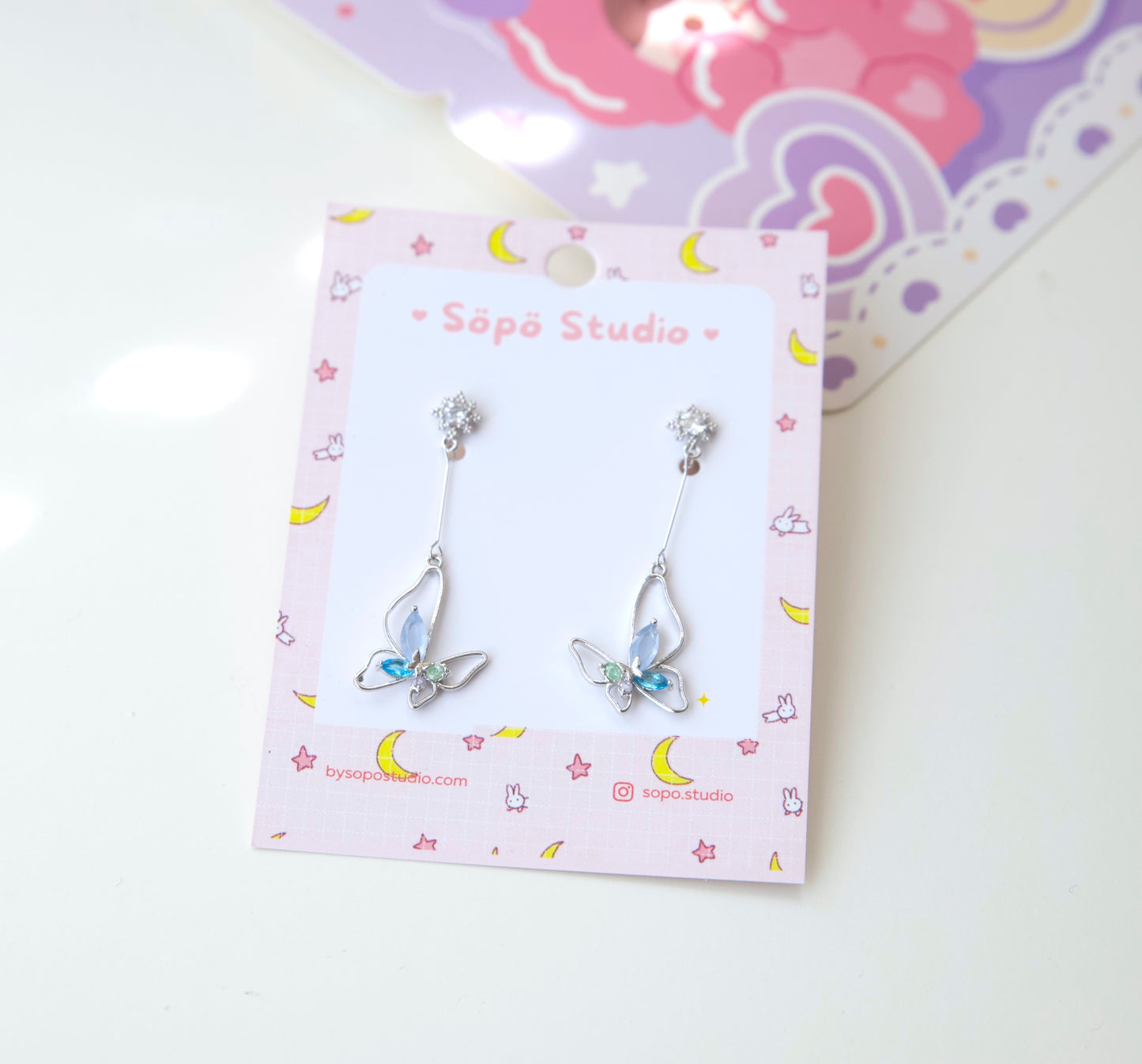 Korean Blue Pastel Crystal Butterfly Dangle Earrings