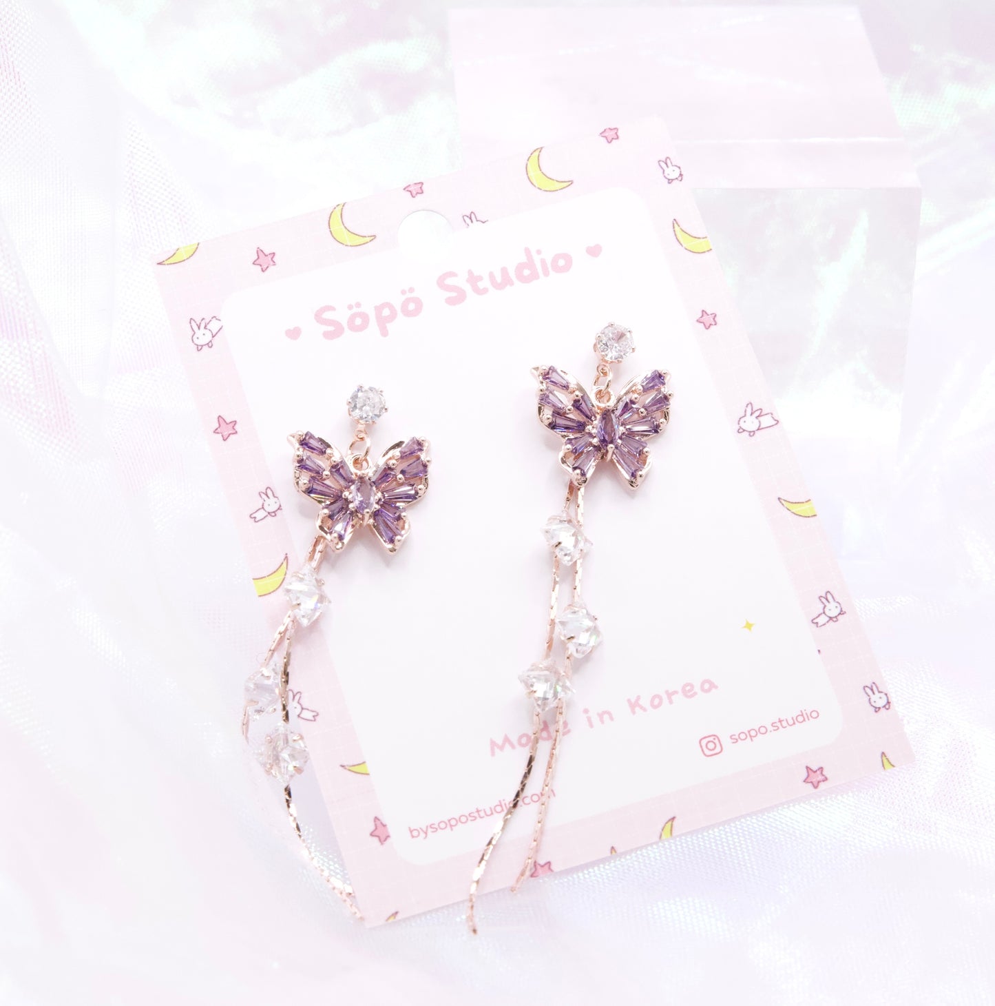 Crustal Butterfly Pink Purple Elegant Dangle Korean Earrings - 2 colors
