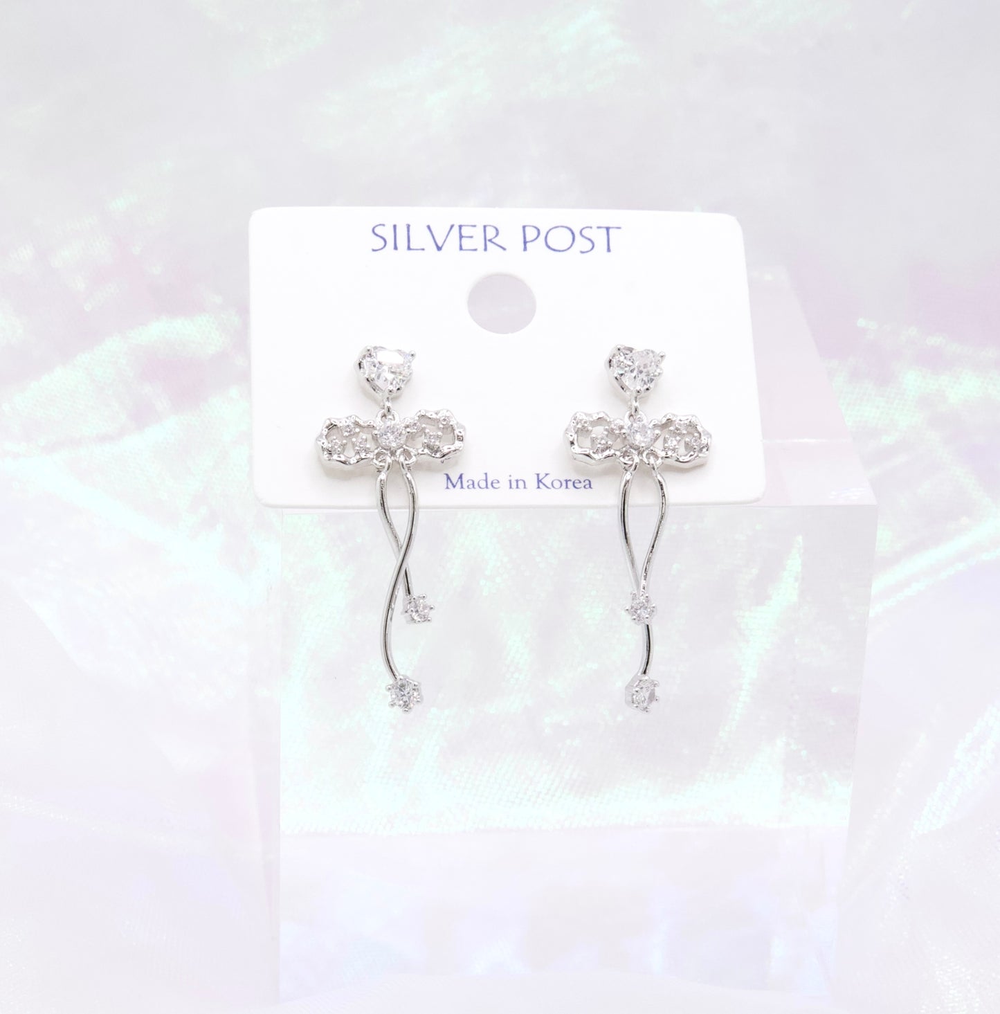Heart Ribbon Dangle Elegant Bridal Korean Earrings
