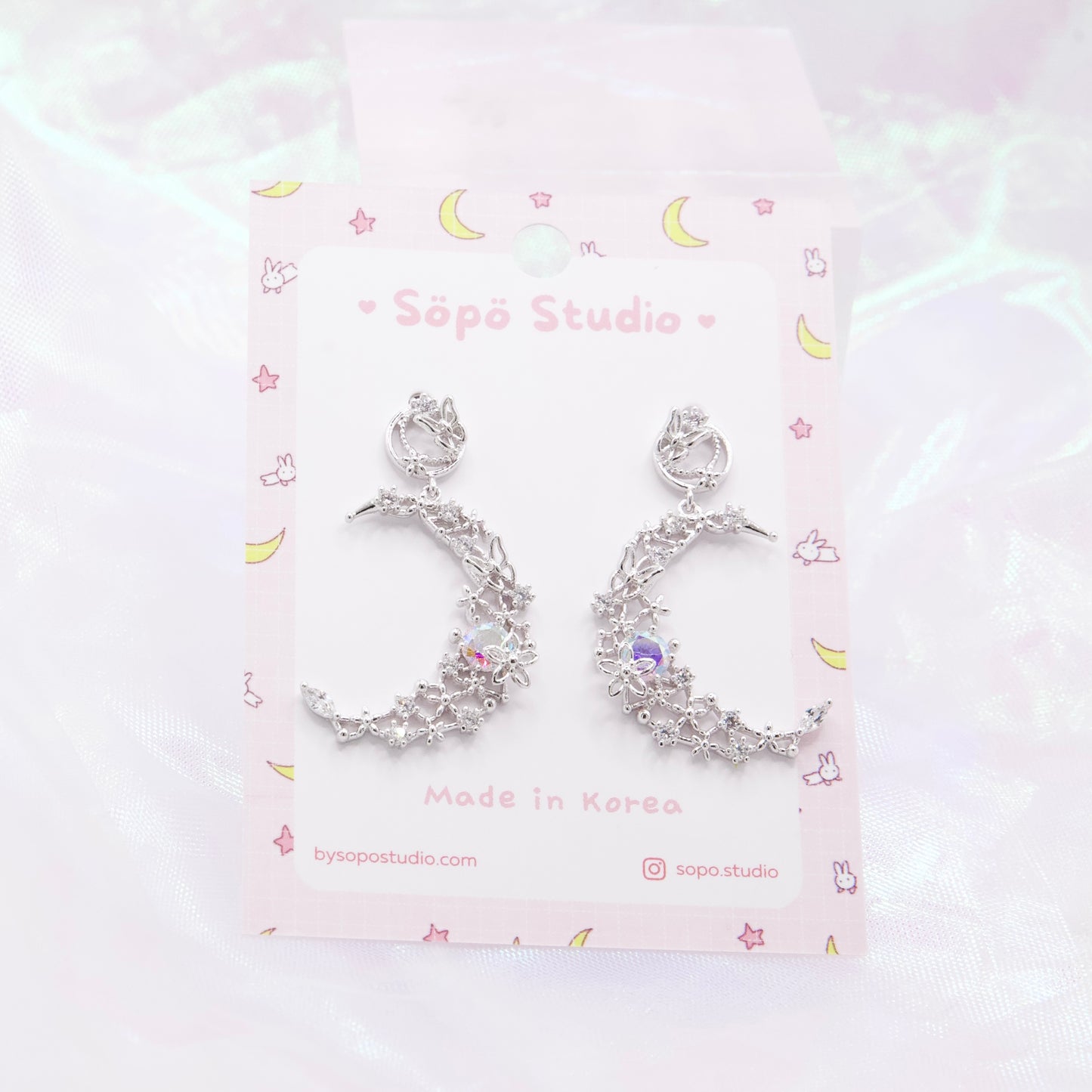 Crystal Crescent Moon Dangle Korean Earrings