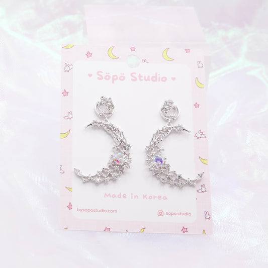 Crystal Crescent Moon Dangle Korean Earrings
