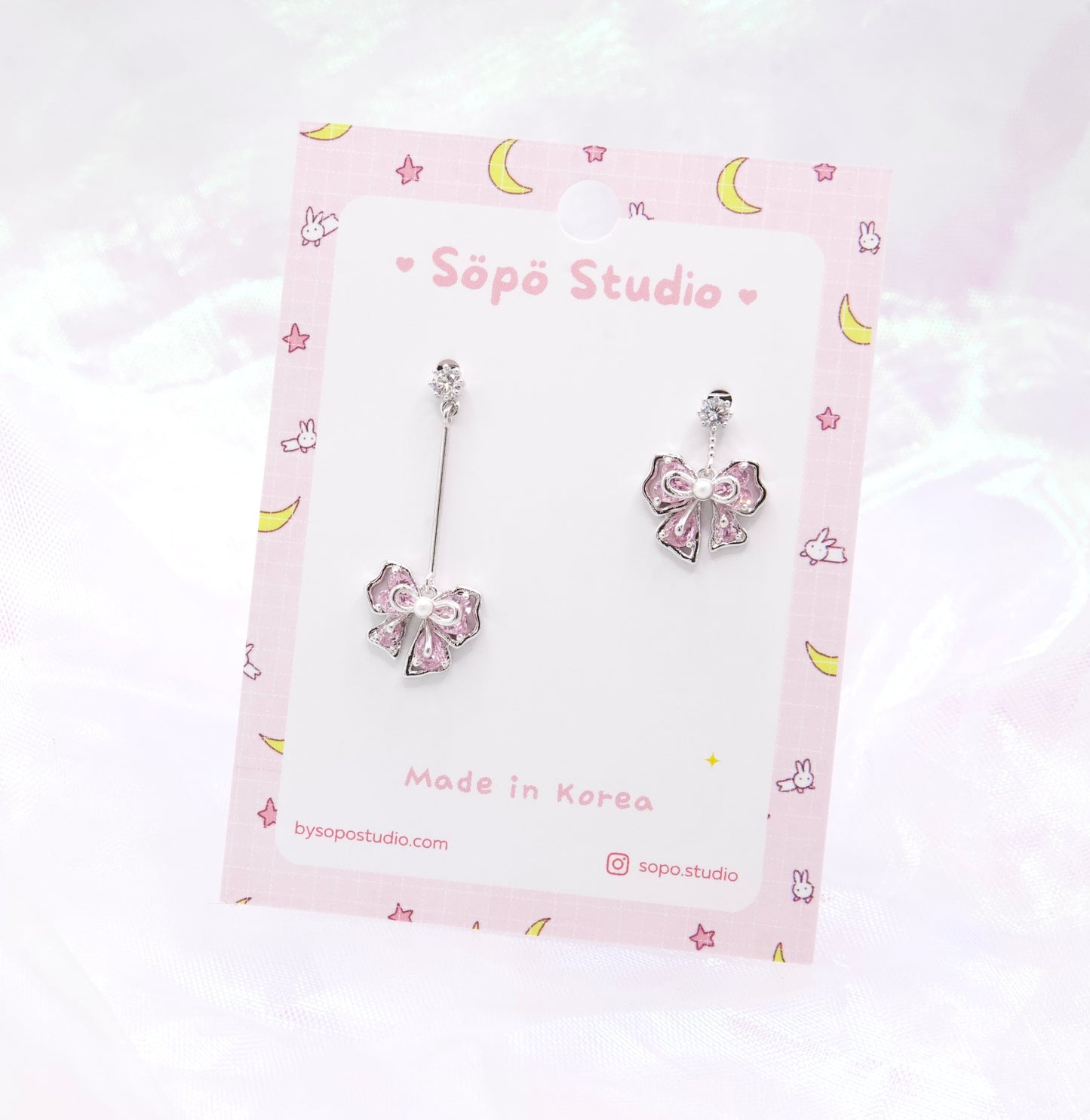 Mis-matched Pastel Pink Ribbon Korean Earrings