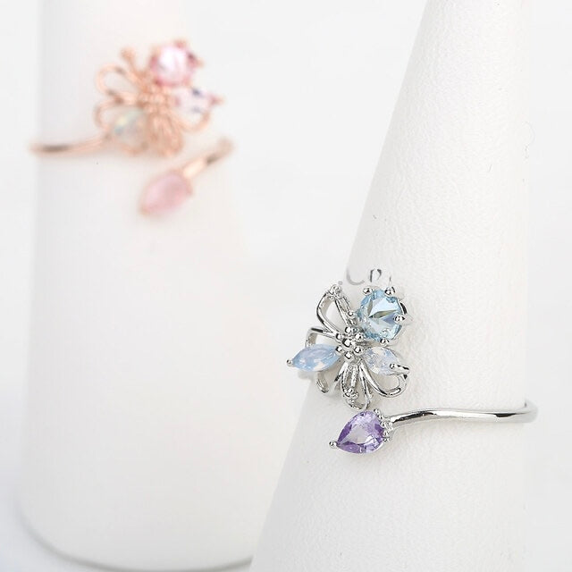 Crystal Flower Adjustable Ring Made in Korea - 2 colors