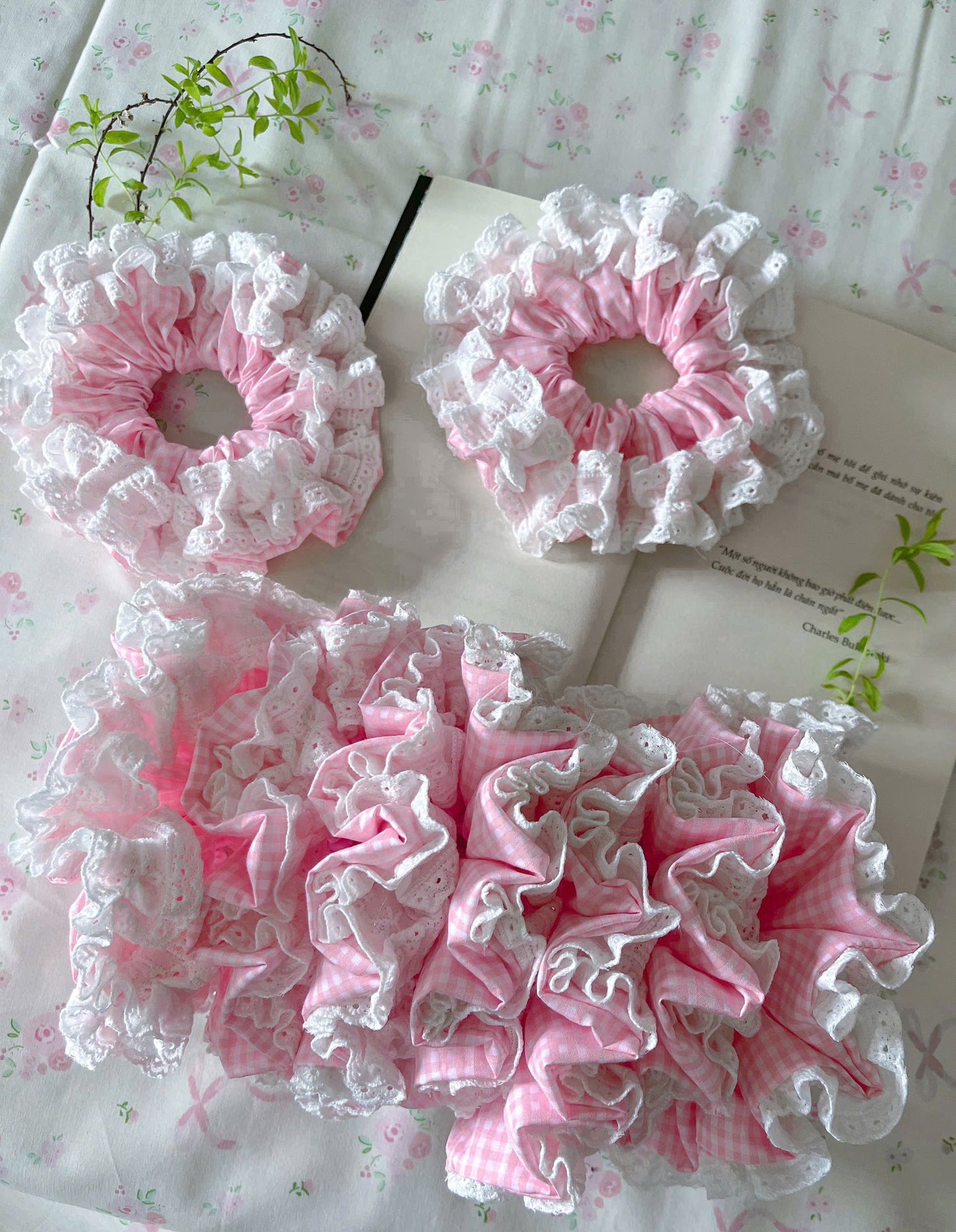 Dreamy Pink Summer Cotton Lace Scrunchie