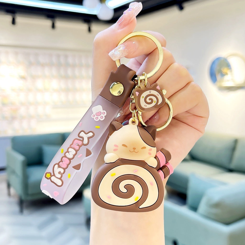 Cute Cat With Roll Cake Keychain - 2 colors