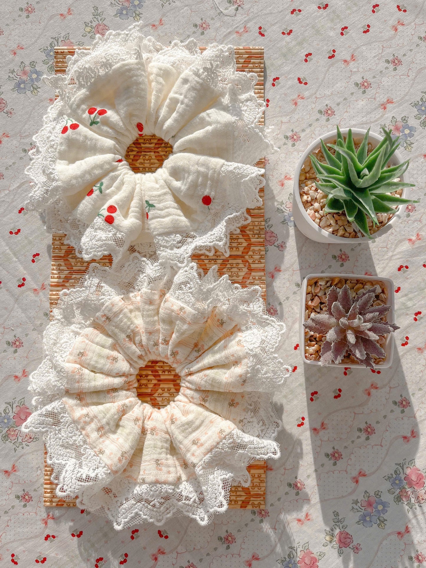 Double Layered Summer Muslin Lace Scrunchie