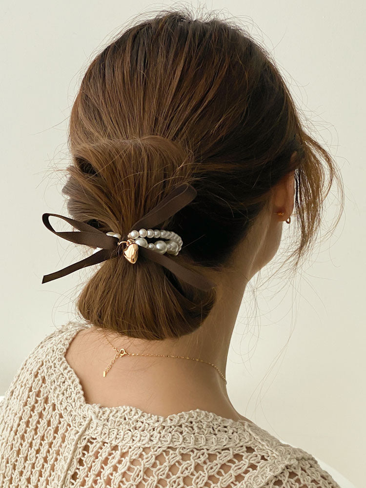 Ribbon Petit Heart Pearl Scrunchie