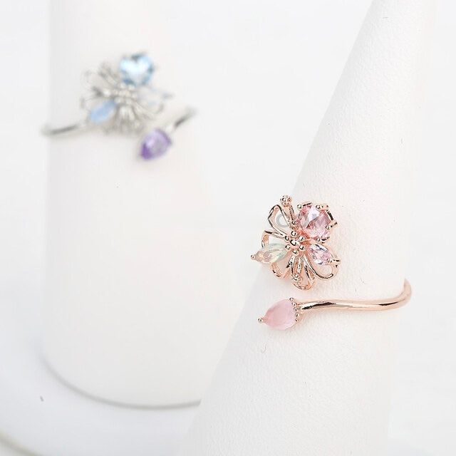 Crystal Flower Adjustable Ring Made in Korea - 2 colors