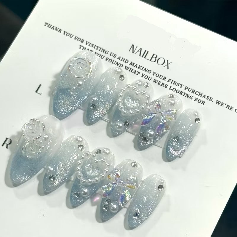 Handmade Ocean Summer Blue Glittering Press-on Nails