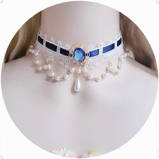 Vintage Lace Double-lawyered Pearl Pendant Retro Choker - 2 colors