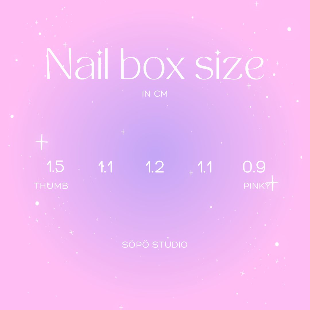 Nail box size chart with measurements on a pink and purple gradient background