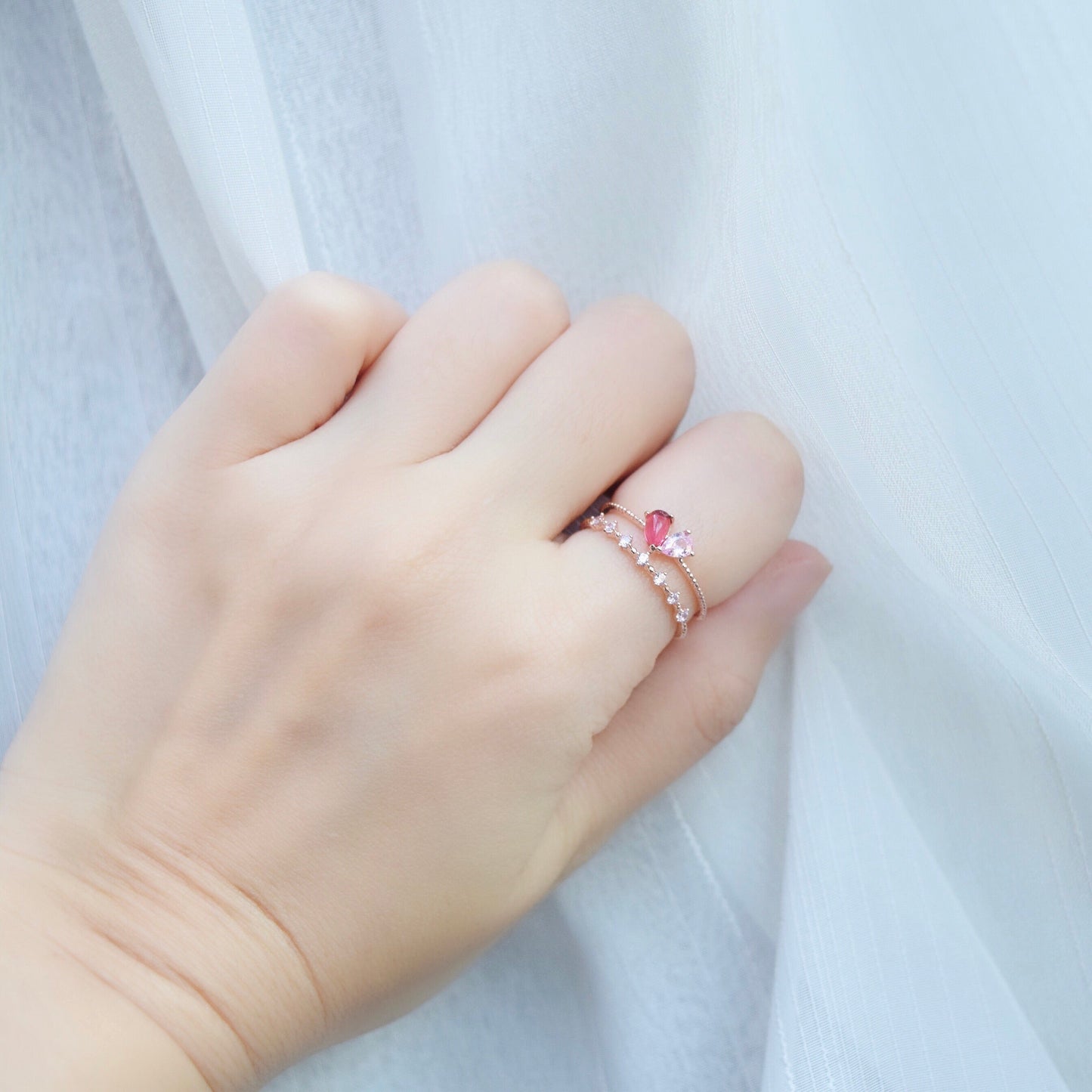 Red Crystal Heart Layered Cute Rings
