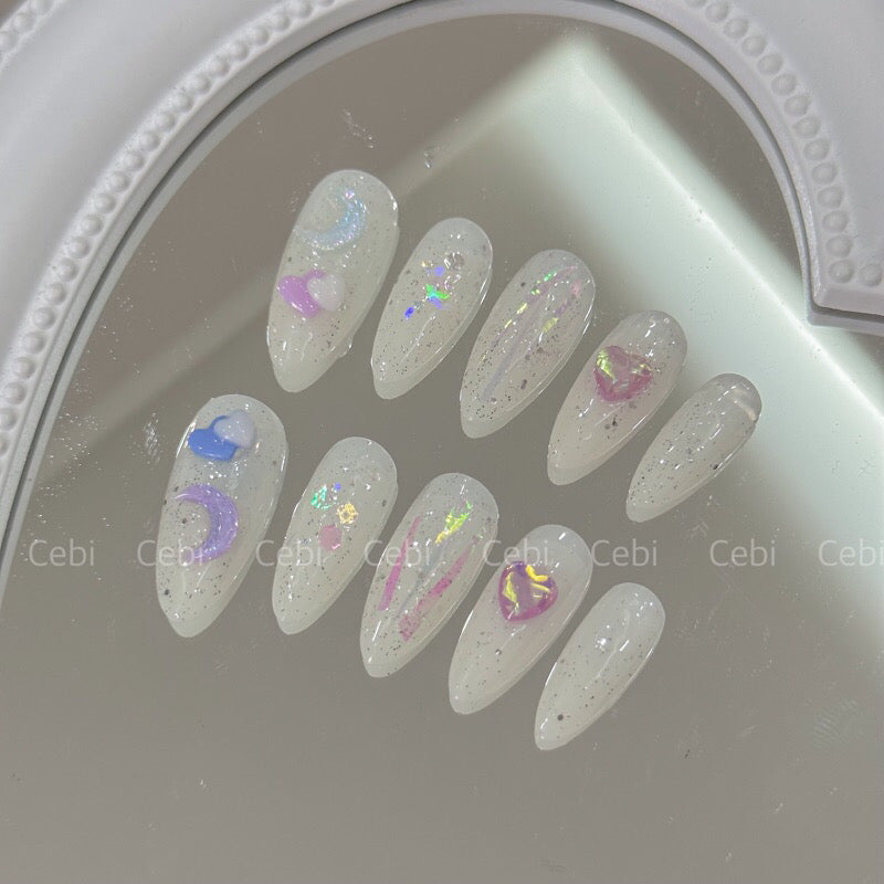 Blue Moon Heart Bubble Handmade Press On Nails