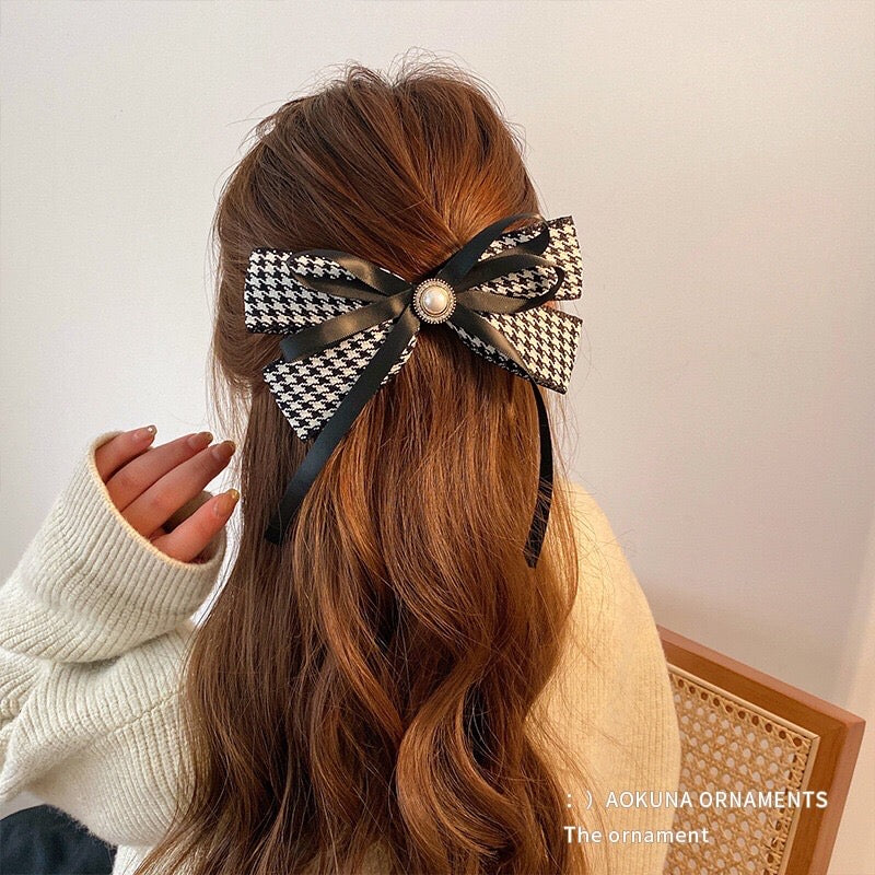 Houndstooth Pearl Elegant Ribbon Hair Clip