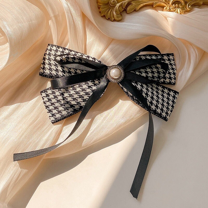 Houndstooth Pearl Elegant Ribbon Hair Clip