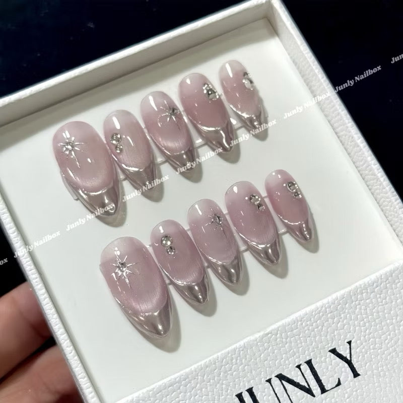 Handmade Metalic French Tip Moonlight Pink Pastel Minimalist Press-on Nails