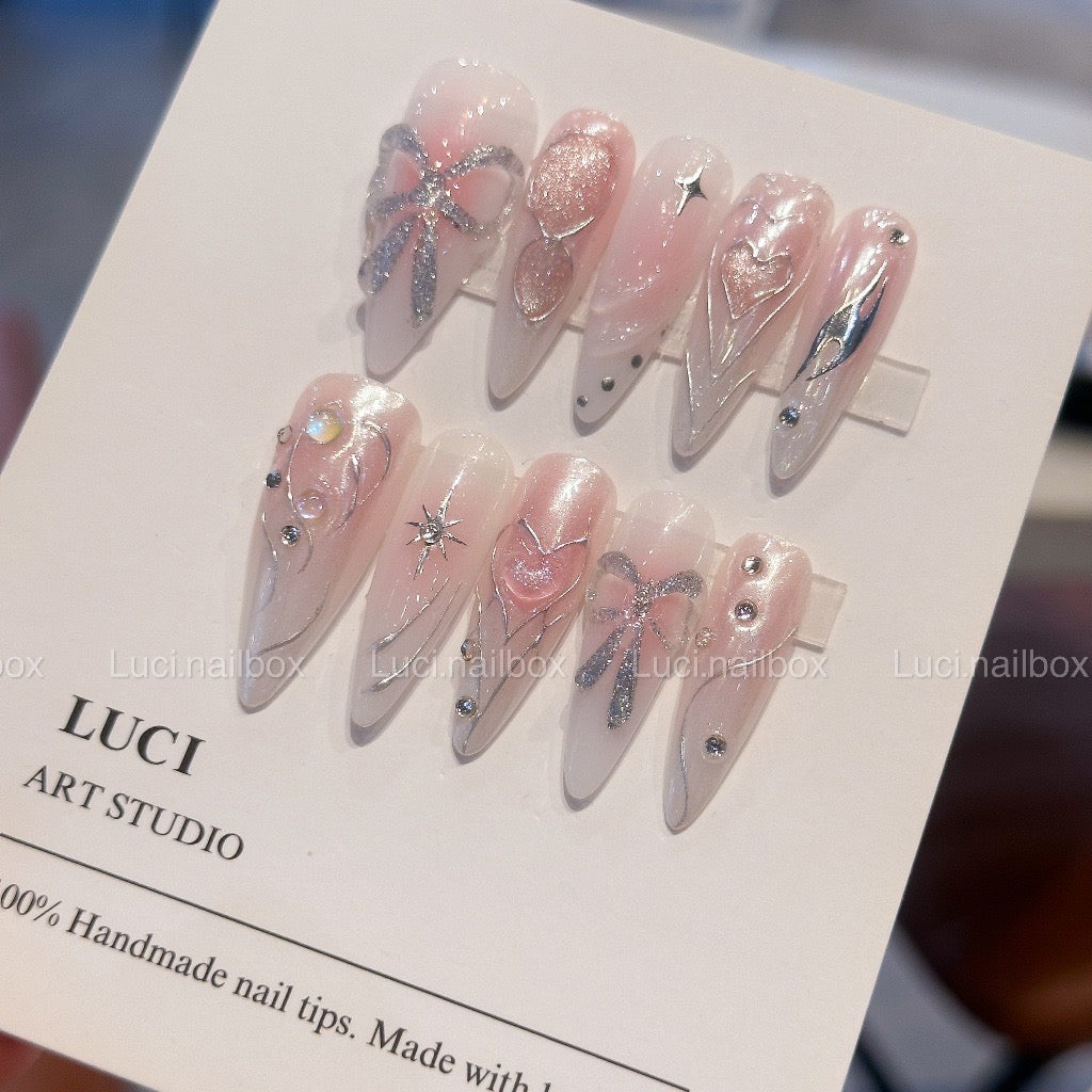 Handmade Y2K Ribbon Star Sweet Pink Ombre Metalic Effect Press-on Nails