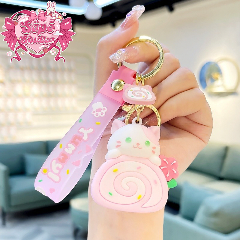 Cute Cat With Roll Cake Keychain - 2 colors