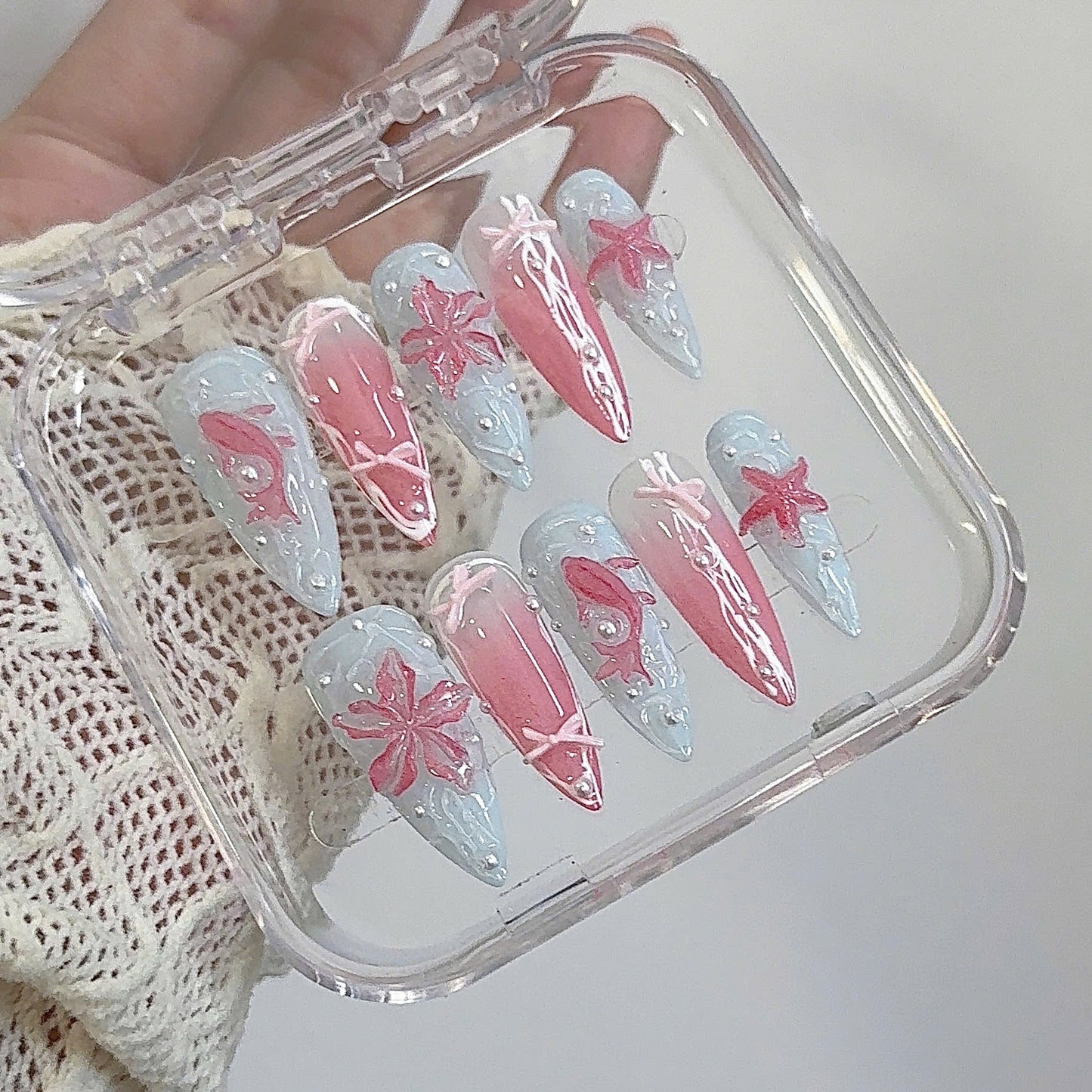 Handmade Y2K Koi Fish Blue Pink 3D Gel Oceanic Press-on Nails