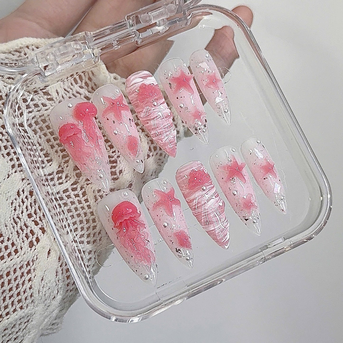 Pink Jellyfish Starfish 3D Gel Oceanic Press-on Nails