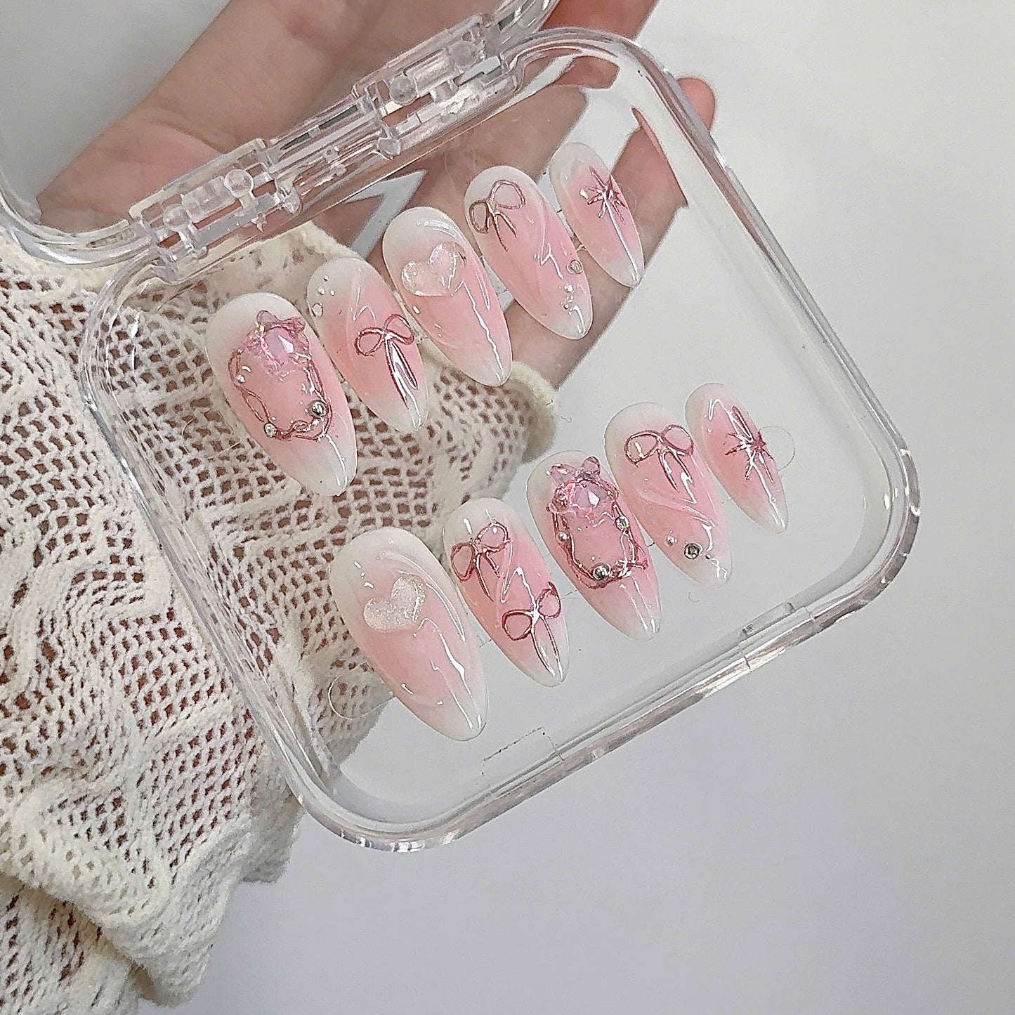 Petit Ribbon Gradient Pink Metallic 3D Gel Handmade Press-on Nails