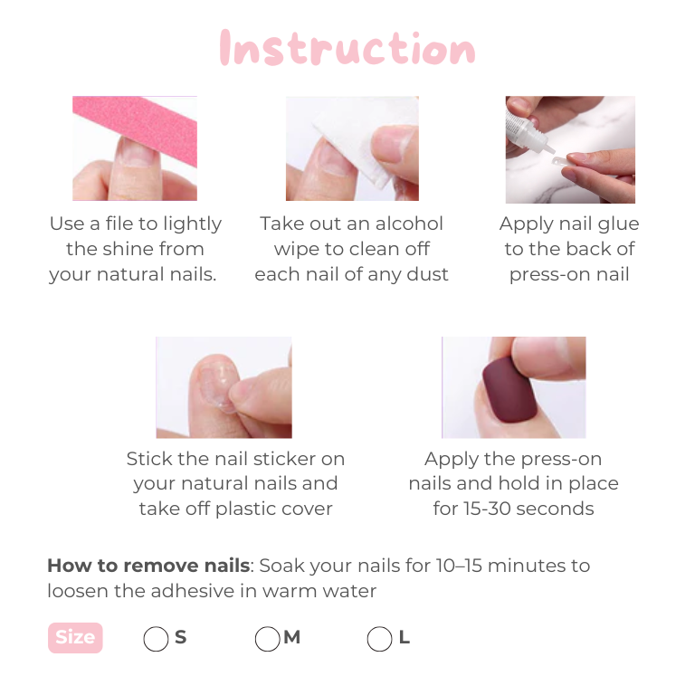 Step-by-step guide on how to apply press-on nails with text instructions.