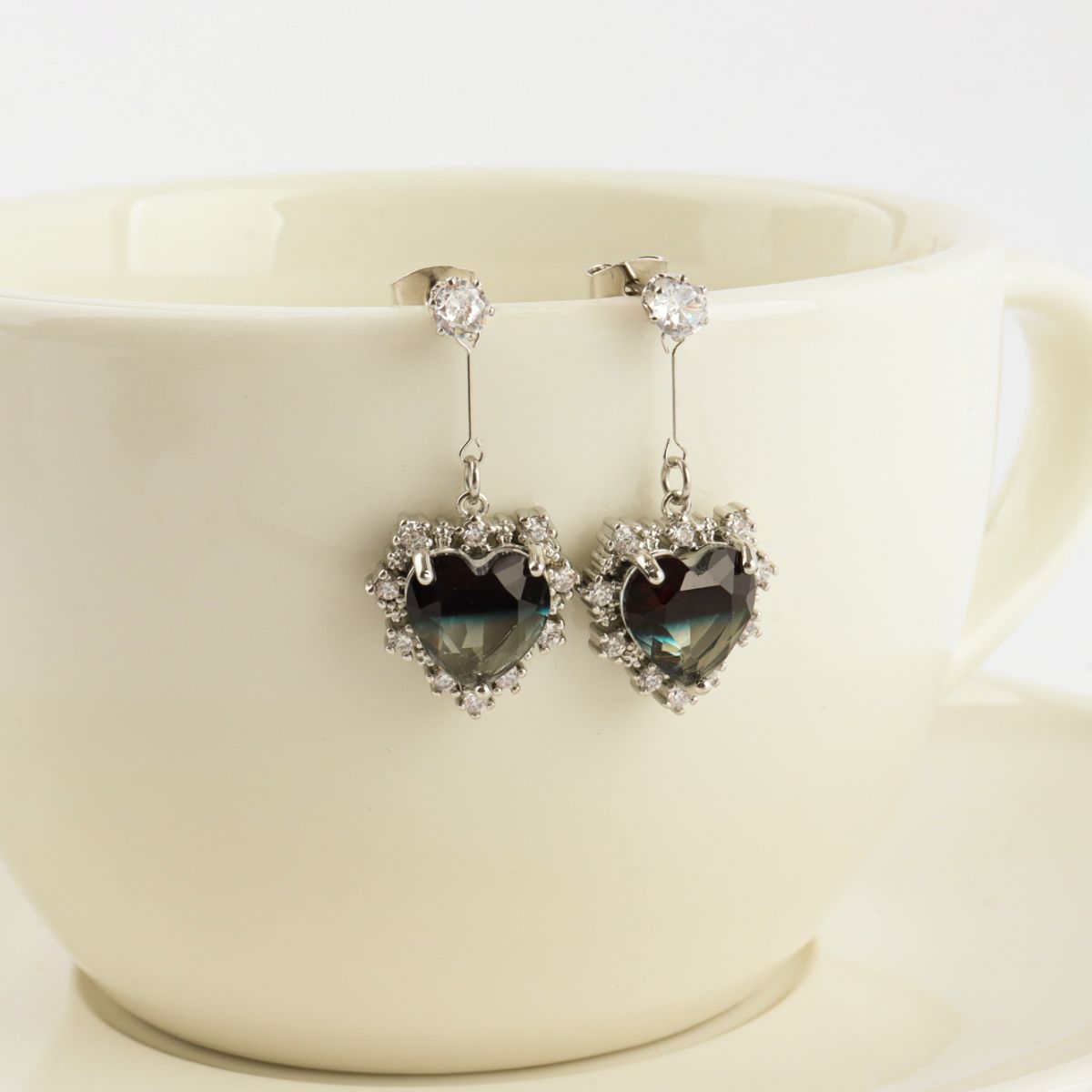 Crystal Black Heart Drop Dangle Korean Earrings