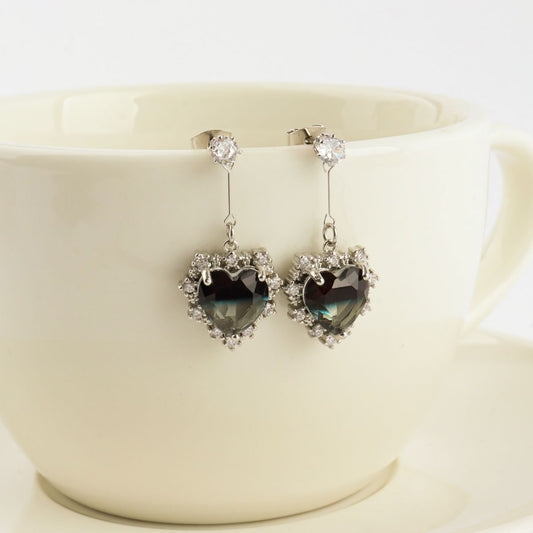 Crystal Black Heart Drop Dangle Korean Earrings