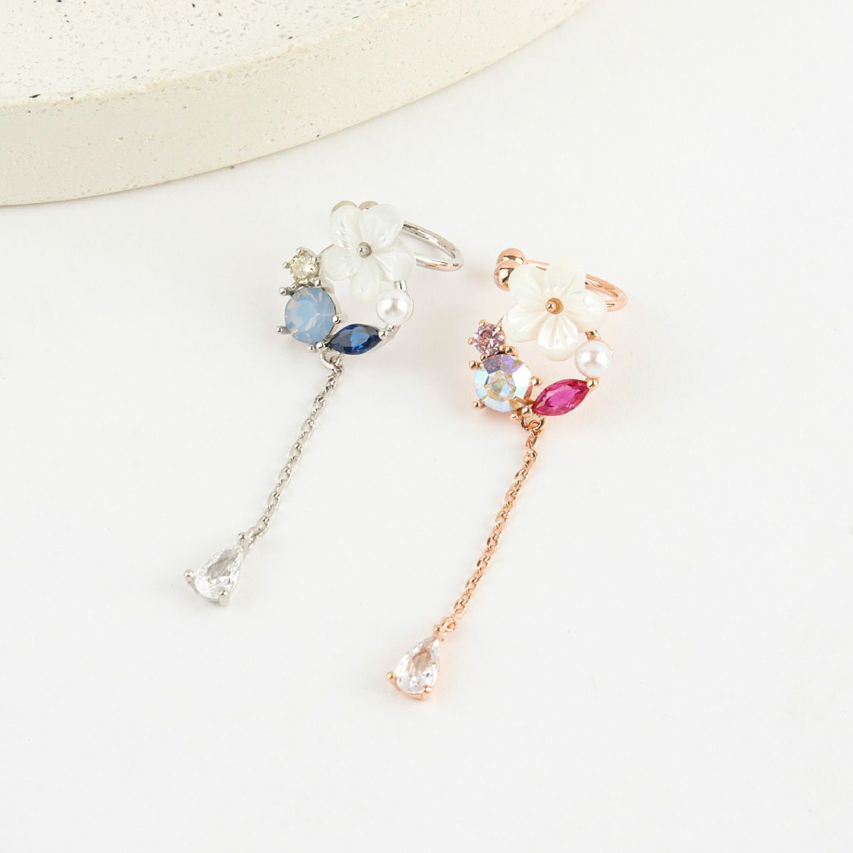 Mother of Pearl Flower Long Drop Ear-cuff - 2 colors