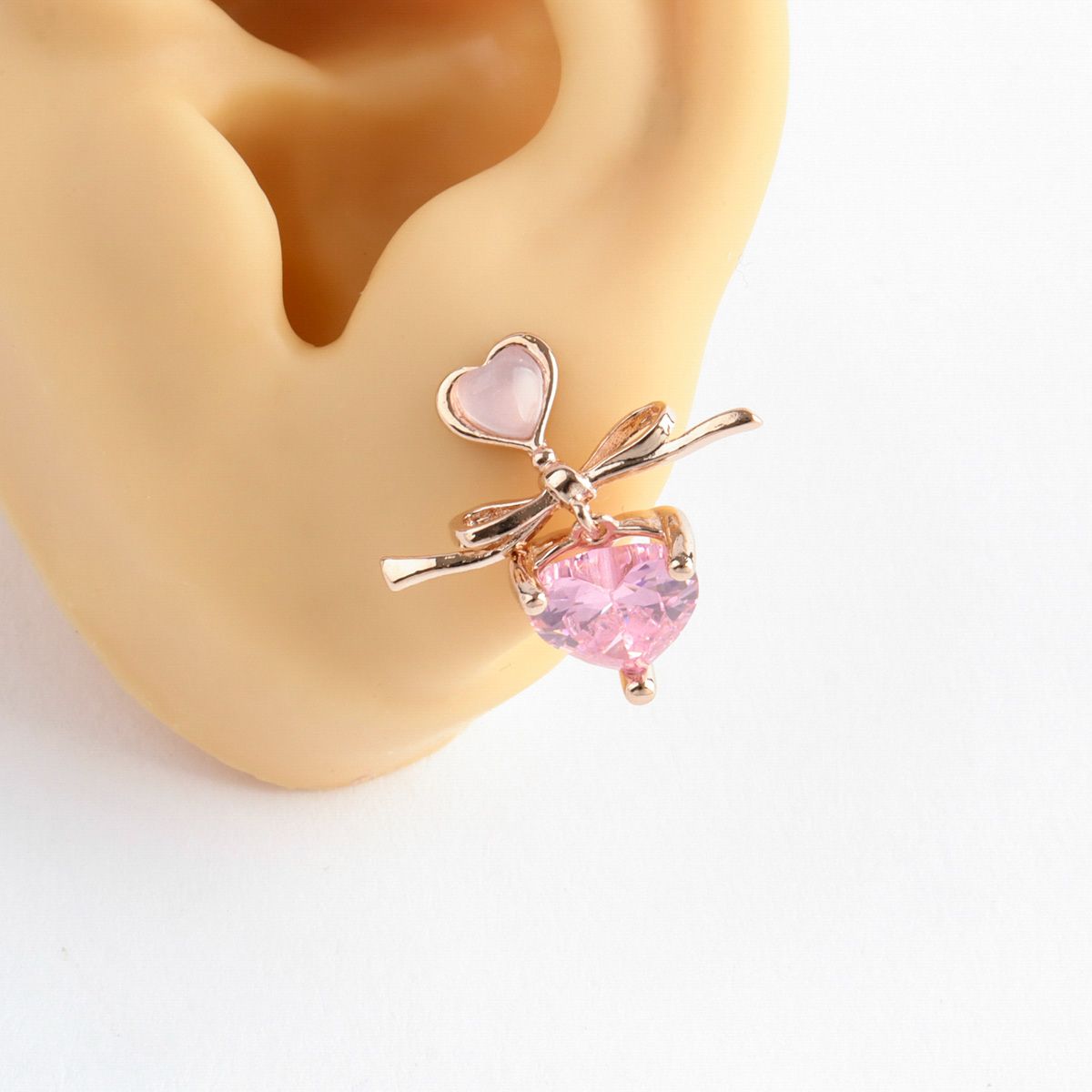 Pink Crystal Heart Ribbon Dainty Korean Earrings