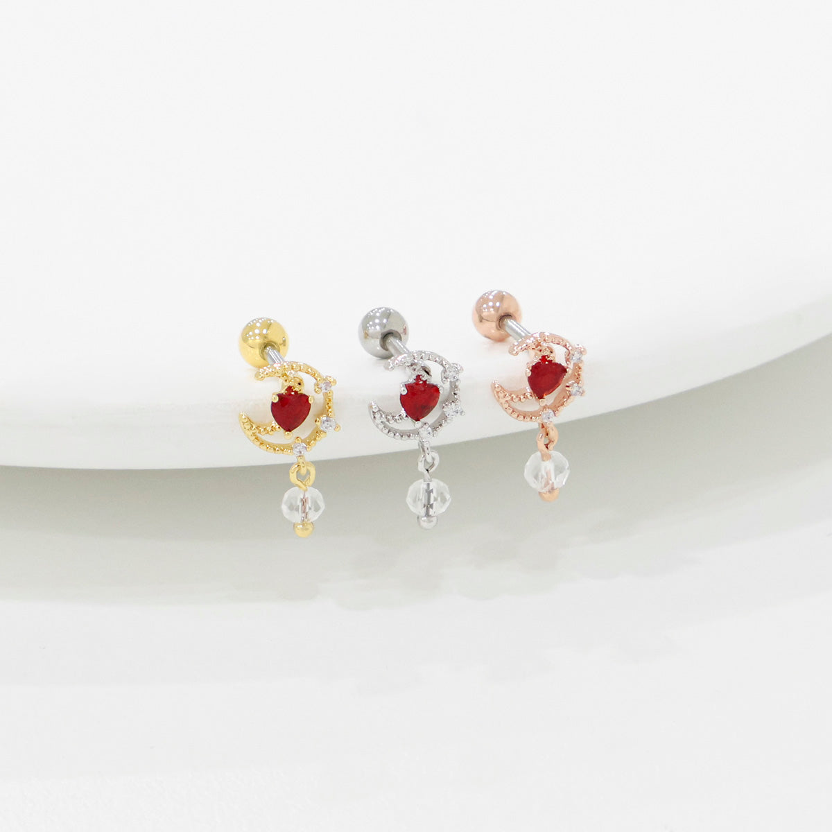 Crescent Moon Heart Drop Korean Ear Piercing - 3 colors