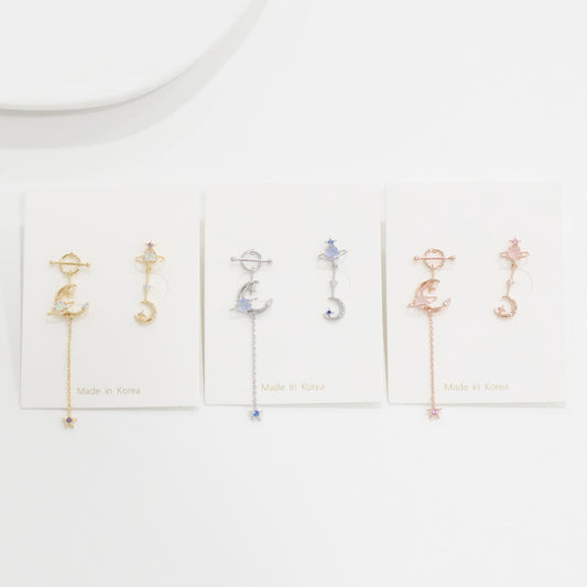 Asymmetric Crescent Moon Star Planet Dangle Korean Dainty Style Earrings