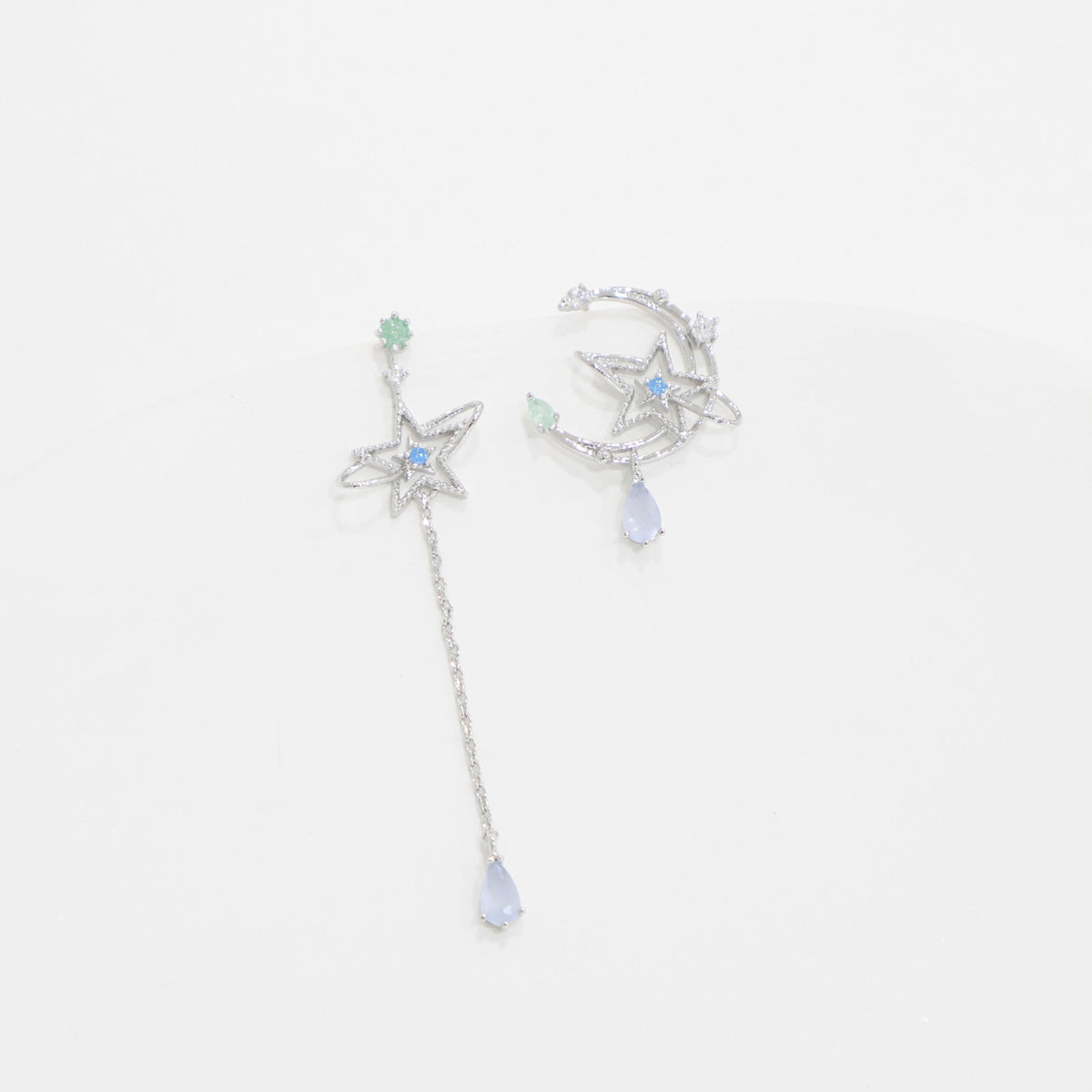 Mis-matched Moon Planet Chain Drop Dangle Earrings - 2 colors